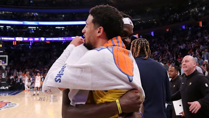 May 19, 2024; New York, New York, USA; Indiana Pacers guard Tyrese Haliburton (0) hugs forward Pascal Siakam (43) after defeating the New York Knicks in game seven of the second round of the 2024 NBA playoffs at Madison Square Garden. Mandatory Credit: Brad Penner-Imagn Images