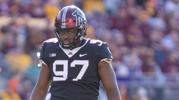 Oct 29, 2022; Minneapolis, Minnesota, USA; Minnesota Golden Gophers defensive lineman Jalen Logan-Redding (97) in action against the Rutgers Scarlet Knights in the third quarter at Huntington Bank Stadium. Mandatory Credit: Matt Blewett-USA TODAY Sports