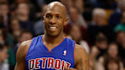 Dec 18, 2013; Boston, MA, USA; Detroit Pistons shooting guard Chauncey Billups (1) shares a laugh with teammates during the fourth quarter of Detroit's 107-106 win over the Boston Celtics at TD Garden. Mandatory Credit: Winslow Townson-Imagn Images