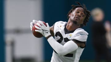 Jacksonville Jaguars cornerback Jarrian Jones (22) turns with the ball after pulling in a pass during Friday's rookie minicamp in Jacksonville, Florida Friday, May 10, 2024. [Bob Self/Florida Times-Union]