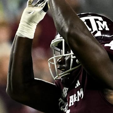 Nov 11, 2023; College Station, Texas, USA; Texas A&M Aggies defensive lineman Shemar Stewart (4) tips a pass from Mississippi State Bulldogs quarterback Mike Wright (not pictured) during the second half at Kyle Field. Mandatory Credit: Maria Lysaker-Imagn Images