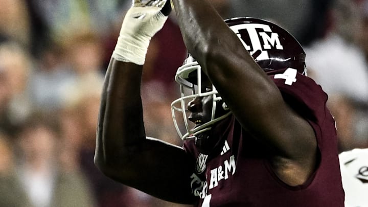 Nov 11, 2023; College Station, Texas, USA; Texas A&M Aggies defensive lineman Shemar Stewart (4) tips a pass from Mississippi State Bulldogs quarterback Mike Wright