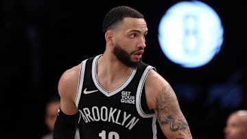 Apr 13, 2025; Brooklyn, New York, USA; Brooklyn Nets guard Tyrese Martin (13) reacts after a basket against the New York Knicks during the first half at Barclays Center. Mandatory Credit: Vincent Carchietta-Imagn Images