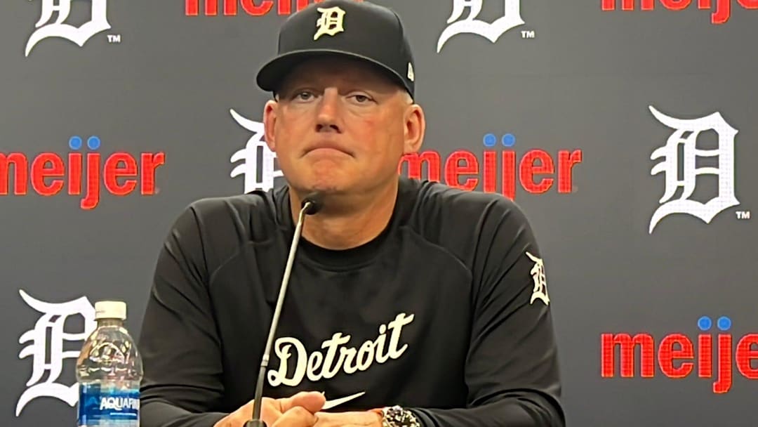 Detroit Tigers manager A.J. Hinch talks to reporters before a game against the Texas Rangers on May 3, 2026, at Comerica Park in Detroit, Michigan.