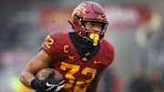 Iowa State's David Montgomery (32) rushes during their football game against Drake at Jack Trice Stadium on Saturday, Dec. 1, 2018, in Ames.