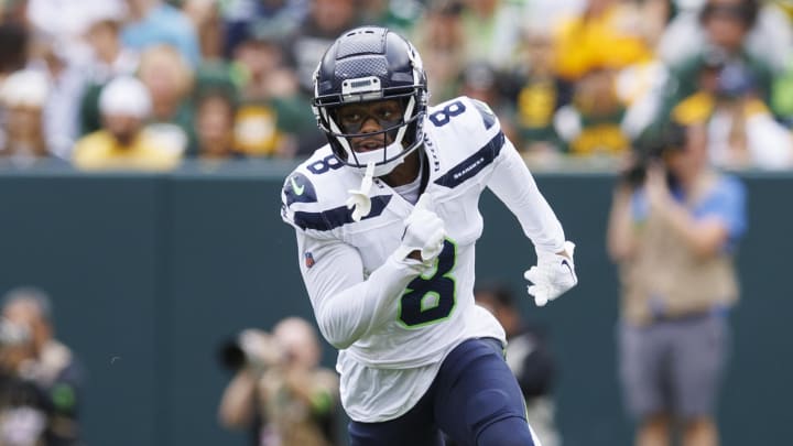 Aug 26, 2023; Green Bay, Wisconsin, USA;  Seattle Seahawks safety Coby Bryant (8) during the game against the Green Bay Packers at Lambeau Field.