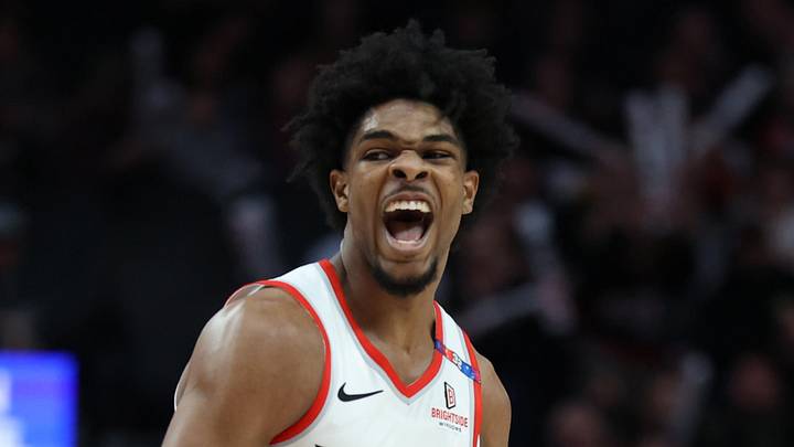 Jan 30, 2025; Portland, Oregon, USA;  Portland Trail Blazers guard Scoot Henderson (00) reacts after making a three-point shot against Orlando Magic in the first half at Moda Center. Mandatory Credit: Jaime Valdez-Imagn Images