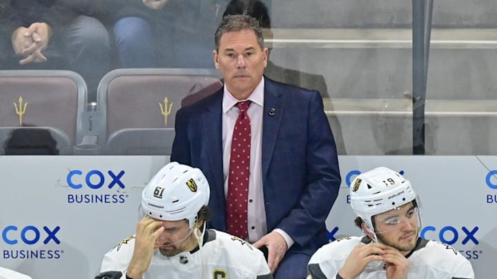 Feb 8, 2024; Tempe, Arizona, USA; Vegas Golden Knights head coach Bruce Cassidy looks on prior to the game against the Arizona Coyotes at Mullett Arena. Mandatory Credit: Matt Kartozian-USA TODAY Sports