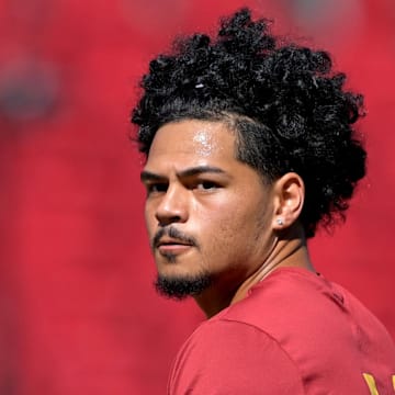 Sep 6, 2025; Los Angeles, California, USA;  USC Trojans quarterback Jayden Maiava (14) warms up prior to the game against the Georgia Southern Eagles at United Airlines Field at Los Angeles Memorial Coliseum. Mandatory Credit: Jayne Kamin-Oncea-Imagn Images