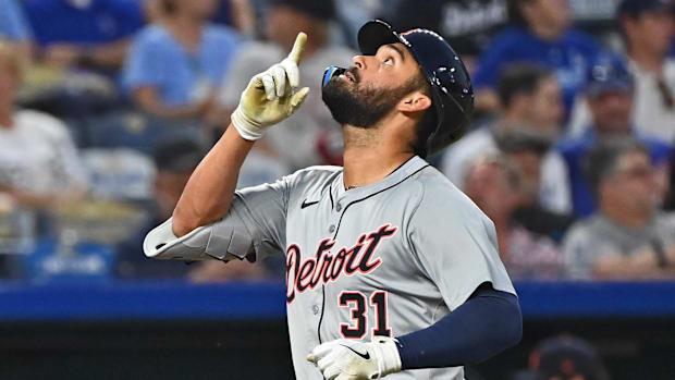 Detroit Tigers left fielder Riley Greene (31) reacts after hitting a solo home run