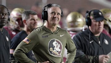 Nov 15, 2025; Tallahassee, Florida, USA; Florida State Seminoles head coach Mike Norvell during the second half against the Virginia Tech Hokies at Doak S. Campbell Stadium. Mandatory Credit: Melina Myers-Imagn Images