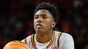Dec 28, 2024; College Park, Maryland, USA; Maryland Terrapins center Derik Queen (25) takes a free throw against the Maryland-Eastern Shore Hawks during the second half at Xfinity Center. Mandatory Credit: Reggie Hildred-Imagn Images