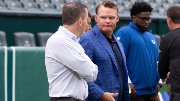 Aug 24, 2023; Philadelphia, Pennsylvania, USA; Indianapolis Colts general manager Chris Ballard (R) talks with Philadelphia Eagles general manager Howie Roseman (L) before the game at Lincoln Financial Field. Mandatory Credit: Bill Streicher-USA TODAY Sports