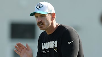 Jaguars defensive coordinator Ryan Nielsen claps for his players during the fourth day of the NFL football training camp practice session Saturday, July 27, 2024 at EverBank Stadium's Miller Electric Center in Jacksonville, Fla. [Bob Self/Florida Times-Union]