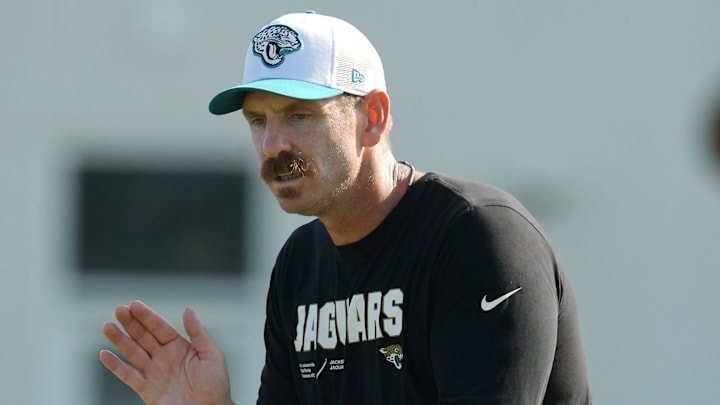 Jaguars defensive coordinator Ryan Nielsen claps for his players during the fourth day of the NFL football training camp practice session Saturday, July 27, 2024 at EverBank Stadium's Miller Electric Center in Jacksonville, Fla. [Bob Self/Florida Times-Union]