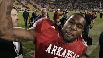 Nov. 23, 2007; Baton Rouge, LA, USA; Arkansas Razorbacks tailback Darren McFadden (5) celebrates their 50-48 triple overtime victory over the top ranked LSU Tigers at Tiger Stadium. Mandatory Credit: John David Mercer-Imagn Images Copyright © 2007 John David Mercer