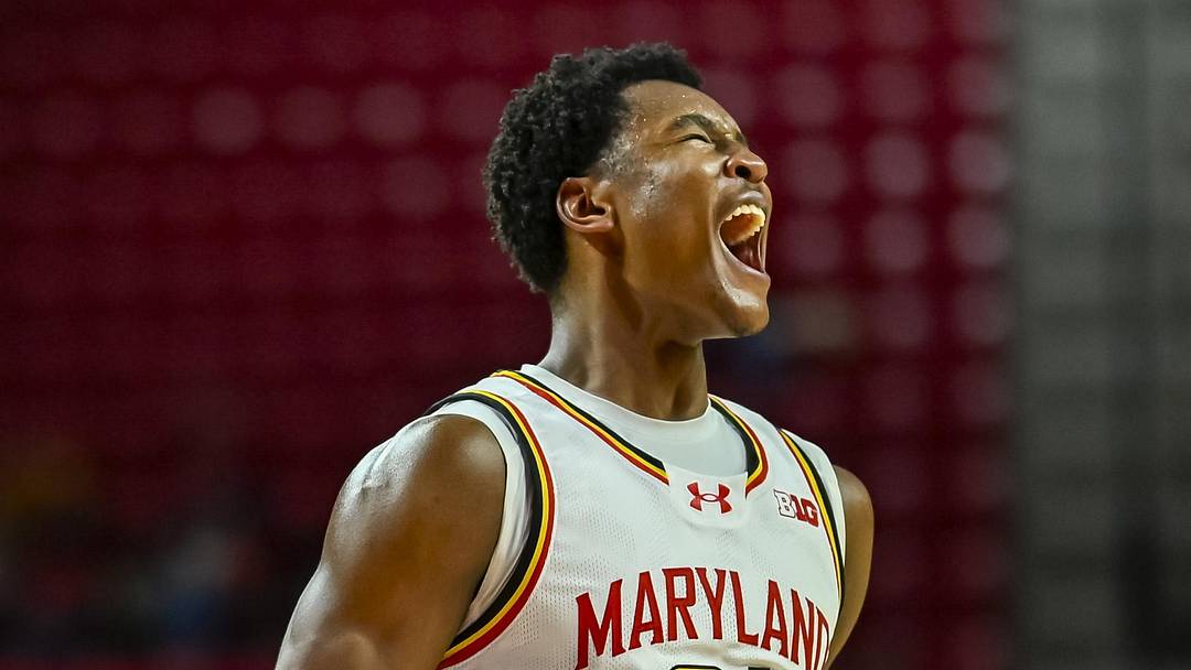 Dec 2, 2025; College Park, Maryland, USA; Maryland Terrapins center Pharrel Payne reacts after dunking during the second half against the Wagner Seahawks at Xfinity Center. Dec 2, 2025; College Park, Maryland, USA; Maryland Terrapins center Pharrel Payne reacts after dunking during the second half against the Wagner Seahawks at Xfinity Center.