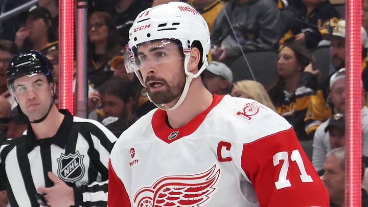 Mar 31, 2026; Pittsburgh, Pennsylvania, USA;  Detroit Red Wings center Dylan Larkin (71) celebrates his power play goal against the Pittsburgh Penguins during the second period at PPG Paints Arena. Mandatory Credit: Charles LeClaire-Imagn Images