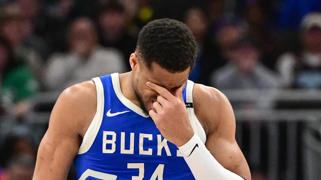 Milwaukee Bucks forward Giannis Antetokounmpo (34) reacts in the second quarter against the Oklahoma City Thunder at Fiserv Forum on March 16, 2025.