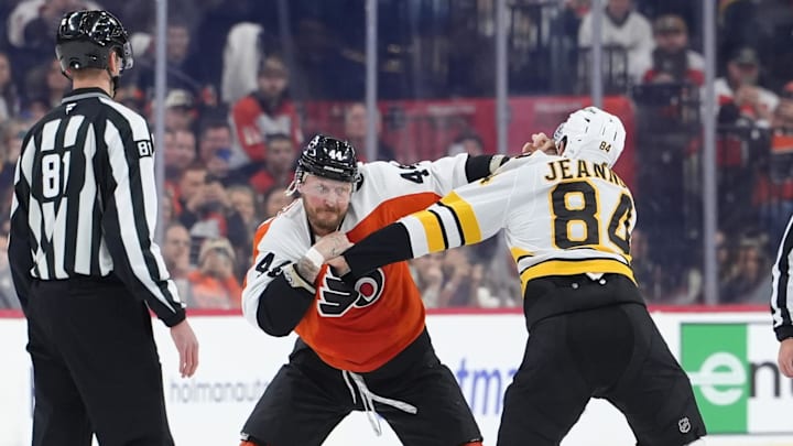 Feb 28, 2026; Philadelphia, Pennsylvania, USA; Philadelphia Flyers left wing Nicolas Deslauriers (44) fights Boston Bruins left wing Tanner Jeannot (84) in the first period at Xfinity Mobile Arena. Mandatory Credit: Kyle Ross-Imagn Images