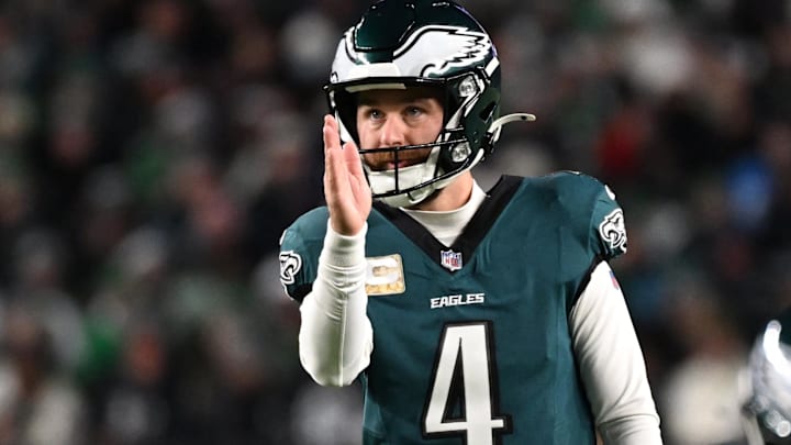 Nov 16, 2025; Philadelphia, Pennsylvania, USA; Philadelphia Eagles place kicker Jake Elliott (4) gets set to kick a field goal against the Detroit Lions during the first half at Lincoln Financial Field.