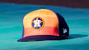 Apr 9, 2024; Kansas City, Missouri, USA; A general view of Houston Astros second base Jose Altuve (27) hat on the field during batting practice prior to a game against the Kansas City Royals at Kauffman Stadium.