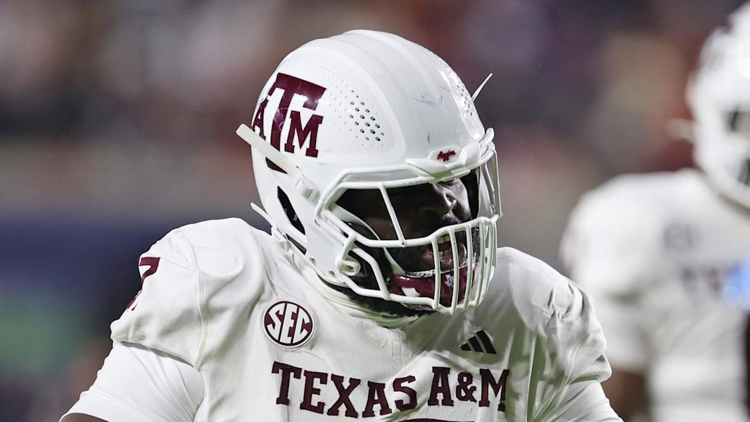 Texas A&M Aggies defensive lineman Albert Regis (17) reacts after making a tackle against the Auburn Tigers in the third quarter at Jordan-Hare Stadium. Mandatory Credit: John Reed-Imagn Images