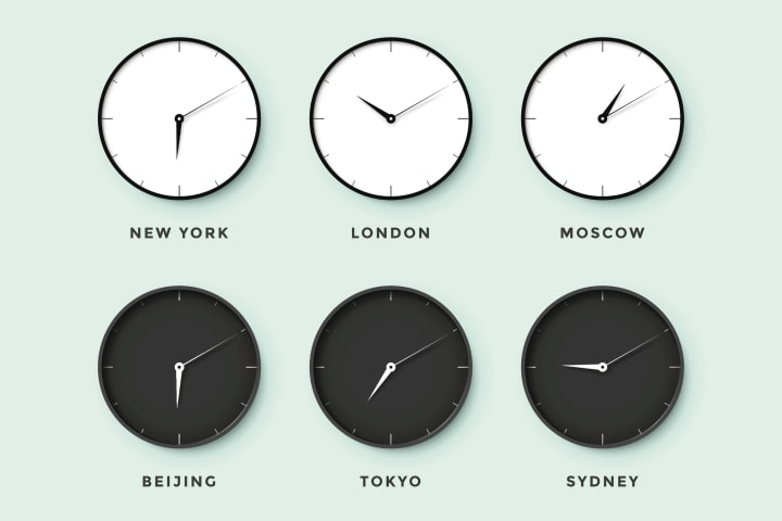 Six clocks on a wall with times for various cities