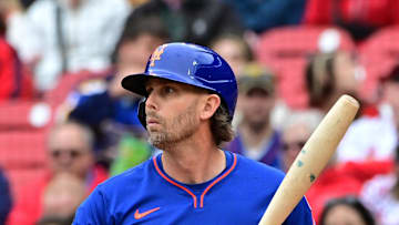 May 4, 2025; St. Louis, Missouri, USA; New York Mets second baseman Jeff McNeil (1) at bat against the St. Louis Cardinals at Busch Stadium. Mandatory Credit: Tim Vizer-Imagn Images