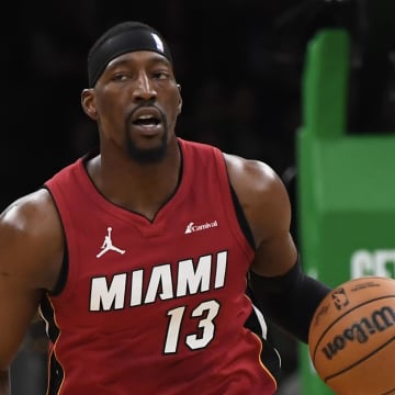 Apr 21, 2024; Boston, Massachusetts, USA; Miami Heat center Bam Adebayo (13) controls the ball during the first half in game one of the first round for the 2024 NBA playoffs against the Boston Celtics at TD Garden. Mandatory Credit: Bob DeChiara-USA TODAY Sports