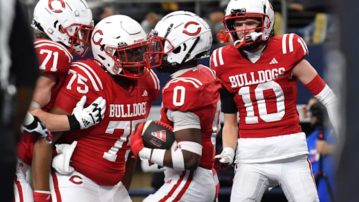 Carthage players celebrate in the end zone during the 4A DII UIL Texas State Football Championship game against Waco La Vega on Friday, December 20, 2024 at AT&T Stadium in Arlington.