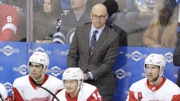 Detroit Red Wings Head Coach Jeff Blashill looks on in the third period against the Winnipeg Jets at Bell MTS Place. 