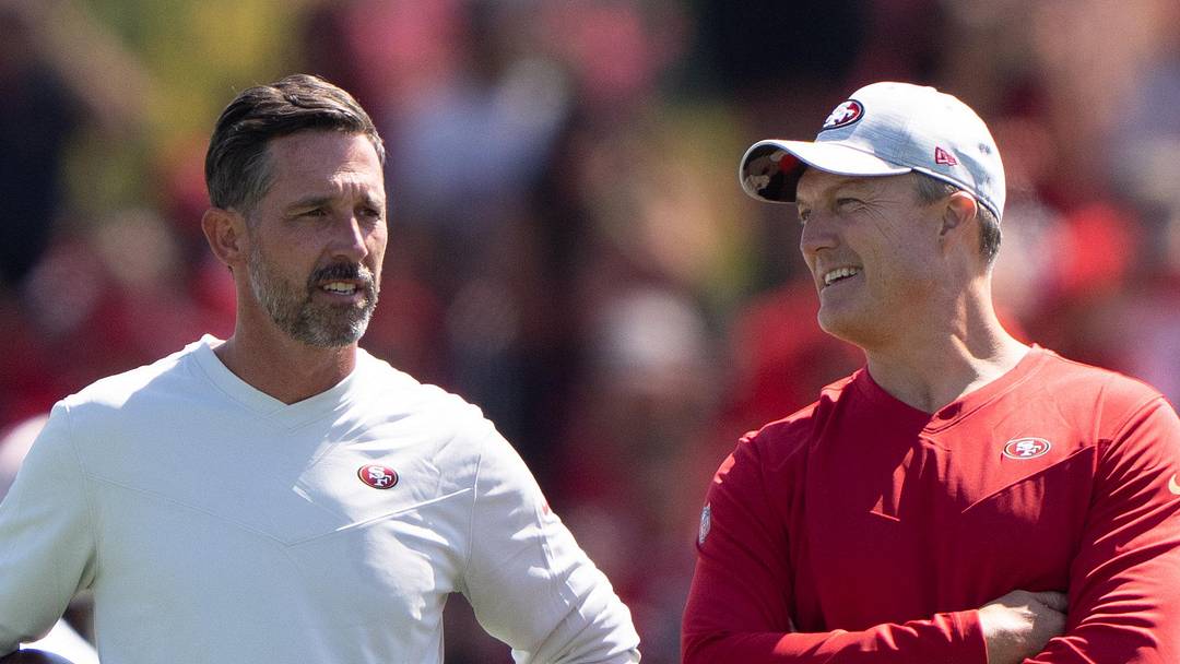 San Francisco 49ers head coach Kyle Shanahan (left) and general manager John Lynch (right)