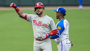 Philadelphia's Kyle Schwarber (left) has been selected to the National League All-Star game for the third time.