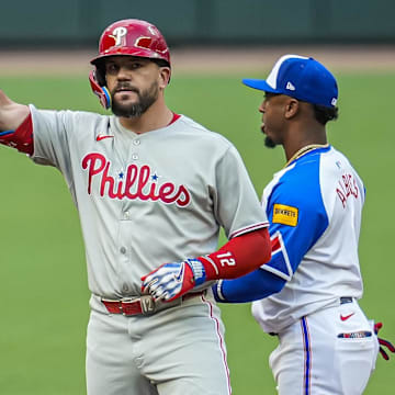 Philadelphia's Kyle Schwarber (left) has been selected to the National League All-Star game for the third time.