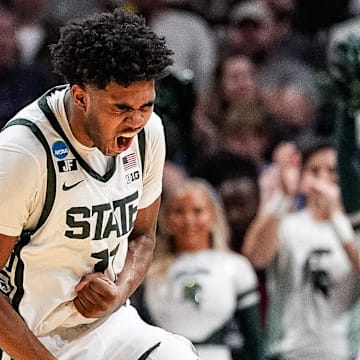 Michigan State guard Jase Richardson (11) celebrates a three point basket against Ole Miss during the first half of the Sweet 16 round of NCAA tournament at State Farm Arena in Atlanta, Ga. on Friday, March 28, 2025.