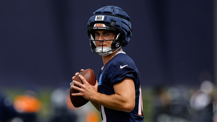 Jul 26, 2024; Englewood, CO, USA; Denver Broncos quarterback Bo Nix (10) during training camp at Broncos Park Powered by CommonSpirit. Mandatory Credit: Isaiah J. Downing-USA TODAY Sports