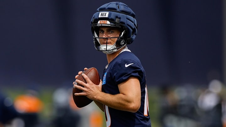 Jul 26, 2024; Englewood, CO, USA; Denver Broncos quarterback Bo Nix (10) during training camp at Broncos Park Powered by CommonSpirit. 