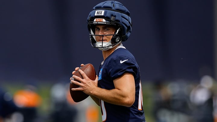 Jul 26, 2024; Englewood, CO, USA; Denver Broncos quarterback Bo Nix (10) during training camp at Broncos Park Powered by CommonSpirit. 