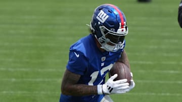 East Rutherford, NJ -- June 11, 2024 -- Wide receiver Jalin Hyatt at the NY Giants Mandatory Minicamp at their practice facility in East Rutherford, NJ.