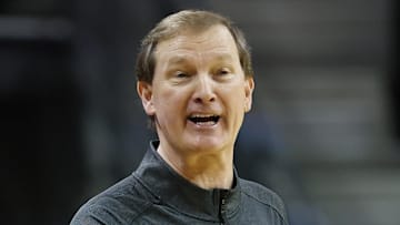 Feb 14, 2022; Eugene, Oregon, USA; Oregon Ducks head coach Dana Altman reacts during the first half against the Washington State Cougars at Matthew Knight Arena. Mandatory Credit: Soobum Im-Imagn Images