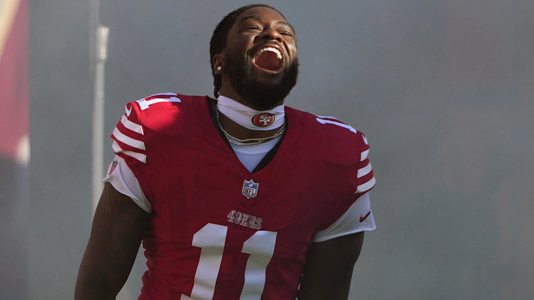 Sep 9, 2024; Santa Clara, California, USA; San Francisco 49ers wide receiver Brandon Aiyuk (11) is introduced to the crowd before the game against the New York Jets at Levi's Stadium. Mandatory Credit: Darren Yamashita-Imagn Images