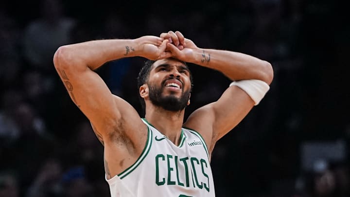 Apr 7, 2026; Boston, Massachusetts, USA; Boston Celtics forward Jayson Tatum (0) reacts after a play against the Charlotte Hornets in the second quarter at TD Garden. Mandatory Credit: David Butler II-Imagn Images