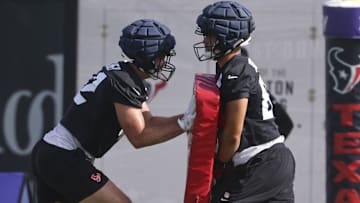 Houston Texans tackle Zach Thomas (78) and tight end Luke Lachey (42) during training camp at Houston Methodist Training Center. 