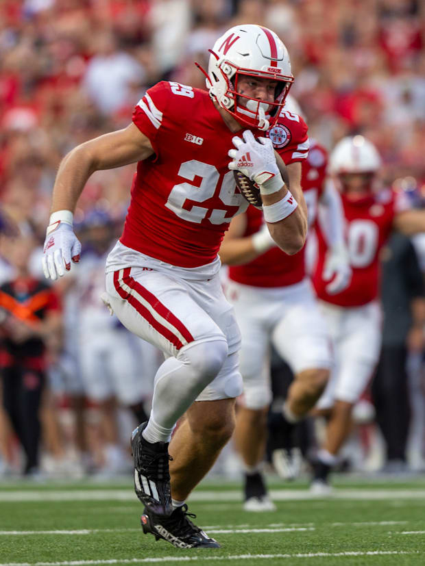 Nebraska wide receiver Carter Nelson heads for a 24-yard touchdown reception during the first quarter against Northern Iowa.