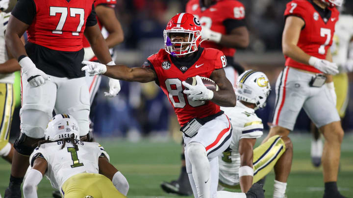 Nov 25, 2023; Atlanta, Georgia, USA; Georgia Bulldogs wide receiver Dillon Bell (86) reacts after a catch against the Georgia Tech Yellow Jackets in the second half at Bobby Dodd Stadium at Hyundai Field. Mandatory Credit: Brett Davis-USA TODAY Sports