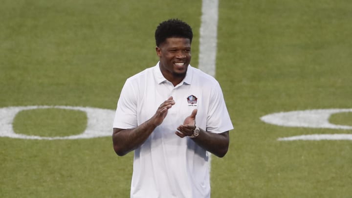 Aug 1, 2024; Canton, Ohio, USA;  2024 Professional Football Hall of Fame inductee Andre Johnson is introduced before the Chicago Bears play the Houston Texans at Tom Benson Hall of Fame Stadium. Mandatory Credit: Charles LeClaire-USA TODAY Sports