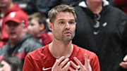 Jan 25, 2025; Pullman, Washington, USA; Washington State Cougars head coach David Riley reacts after a play during a game against the St. Mary's Gaels in the second half at Friel Court at Beasley Coliseum. Mandatory Credit: James Snook-Imagn Images