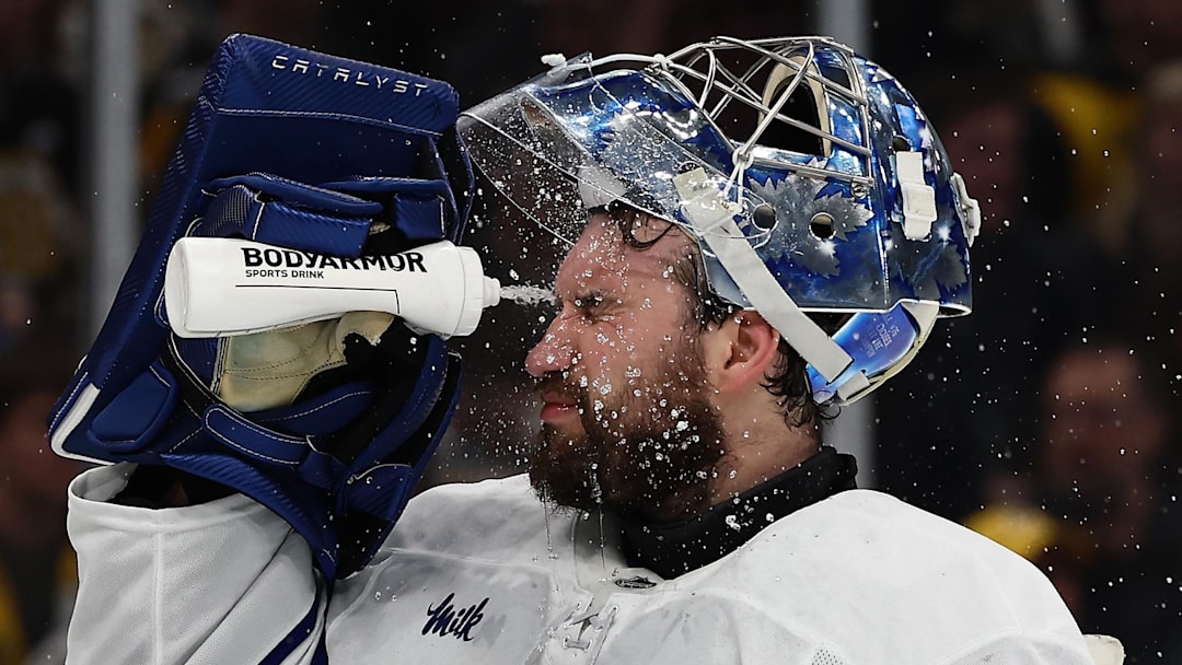 Mar 24, 2026; Boston, Massachusetts, USA; Toronto Maple Leafs goaltender Anthony Stolarz (41) sprays water on his face during a stopage in play during the second period against the Boston Bruins at TD Garden. Mandatory Credit: Winslow Townson-Imagn Images Mar 24, 2026; Boston, Massachusetts, USA; Toronto Maple Leafs goaltender Anthony Stolarz (41) sprays water on his face during a stopage in play during the second period against the Boston Bruins at TD Garden. Mandatory Credit: Winslow Townson-Imagn Images