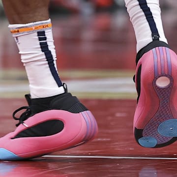 Nov 15, 2024; Houston, Texas, USA; View of the shoes of Los Angeles Clippers guard James Harden (1) during the second quarter against the Houston Rockets at Toyota Center.
